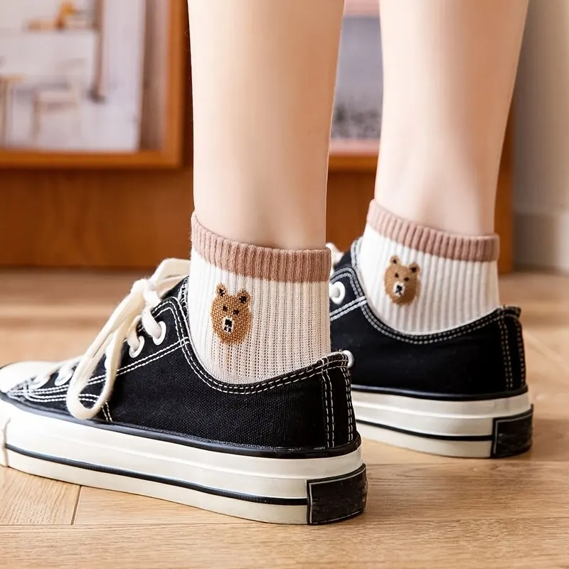 5 Pairs Teddy Bear Ankle Socks Comfy Cute Crew Short Women's Stocking & Hosiery
