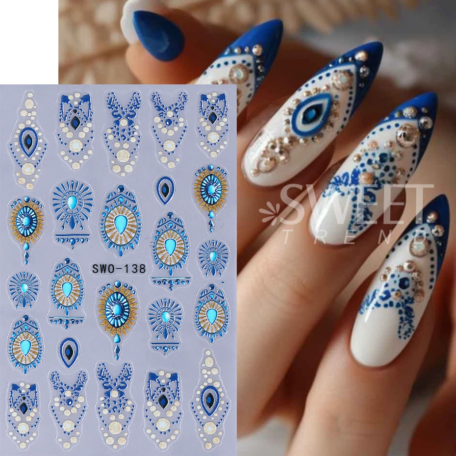 2pcs Nail Art Stickers White Blue Totem Petals Pattern Self-adhesive Nail Decals Bohemian Style DIY Manicure Decoration Sliders