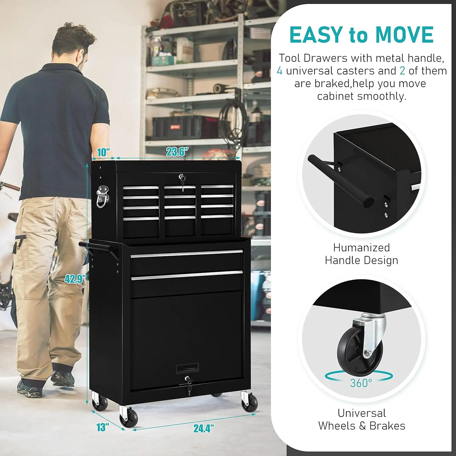 8-Drawer Metal Rolling Tool Box with Wheels Detachable Cabinet Storage and Drawers High Capacity Tool Chest Cart Garage Workshop 3