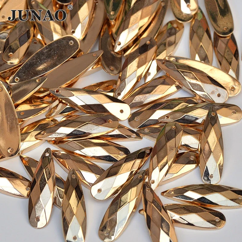 

JUNAO 200pcs 8*28mm Sewing Gold Drop Rhinestones Flatback Large Acrylic Crystal Stones Sew On Strass Appliques For DIY Dress