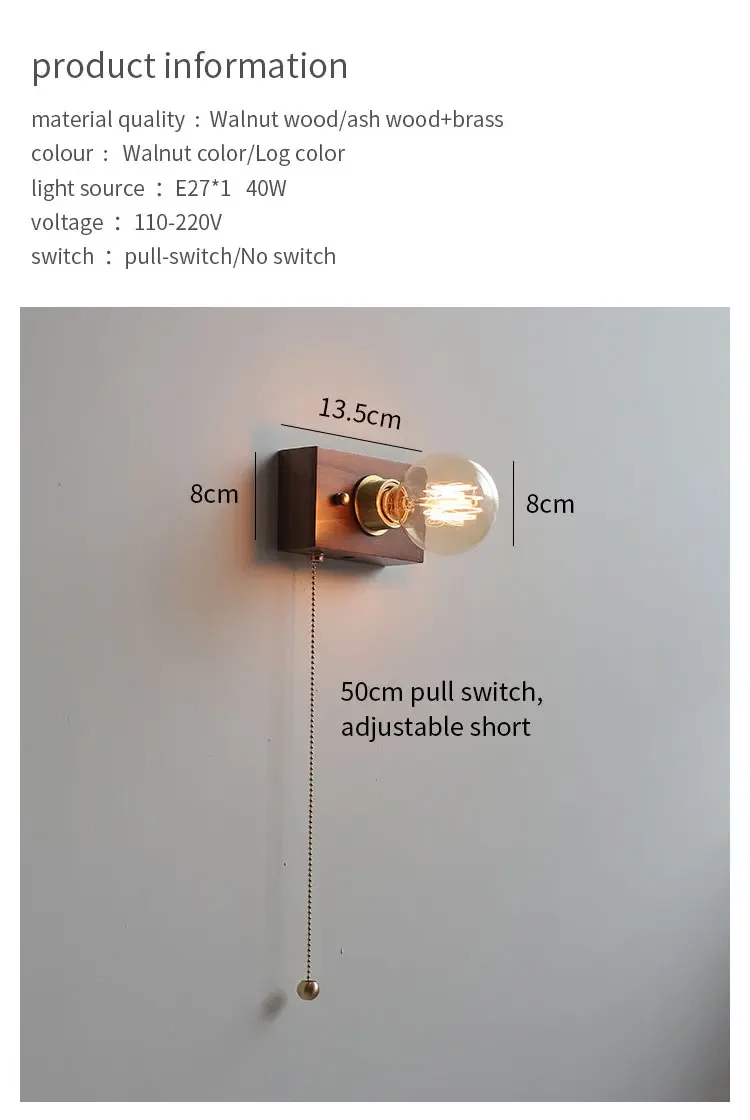 Description Picture 3 of itemVintage Walnut Wood wall lamp Home Decoration small rectangle lamp Bedroom LED Bedhead Wall Light Indoor Staircase corridor Ligh