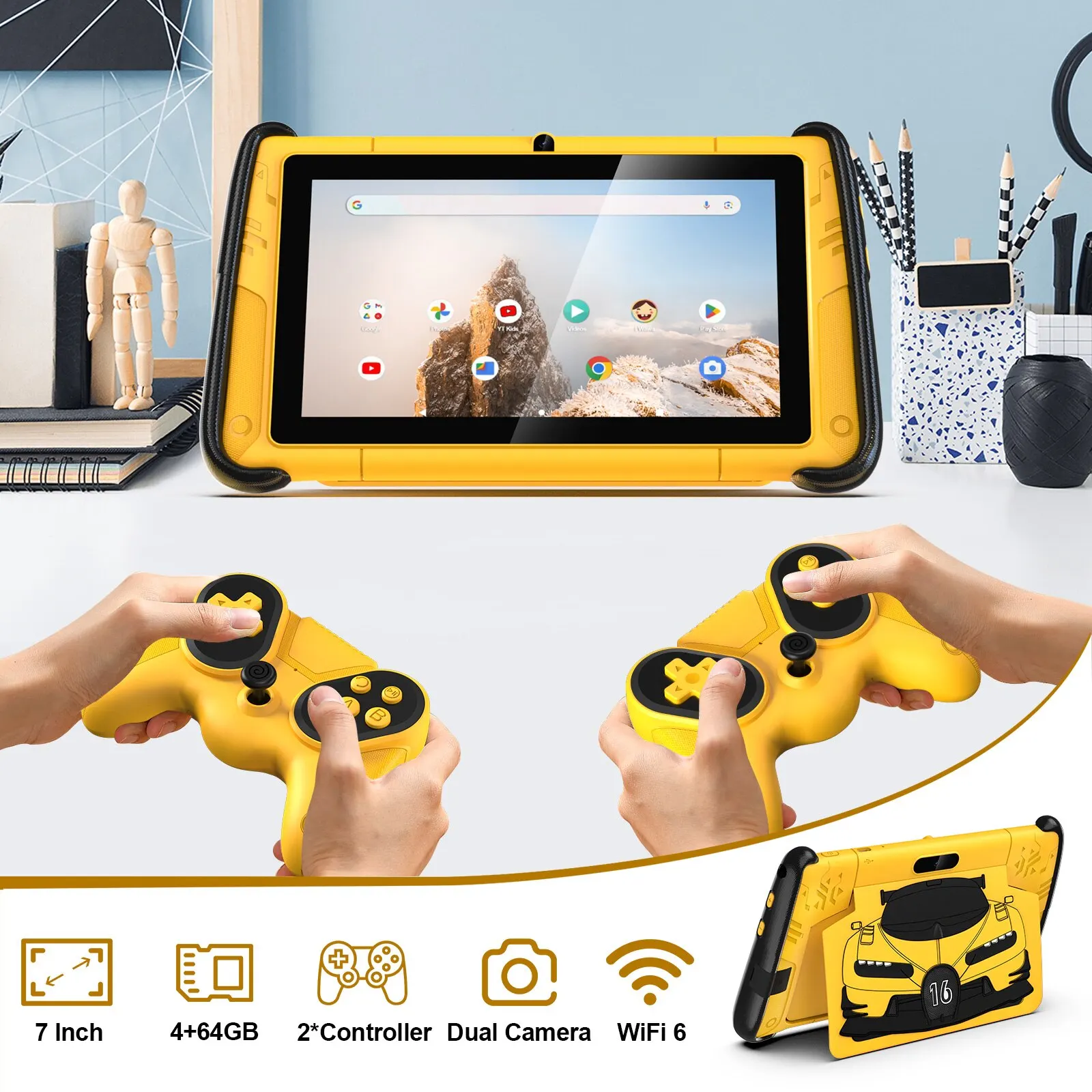 PRITOM 7" Android 12 Tablet for Children, 4GB RAM 64GB ROM, Kids Software Pre-Installed, WiFi, with Cool Sports Car Shape Case 4