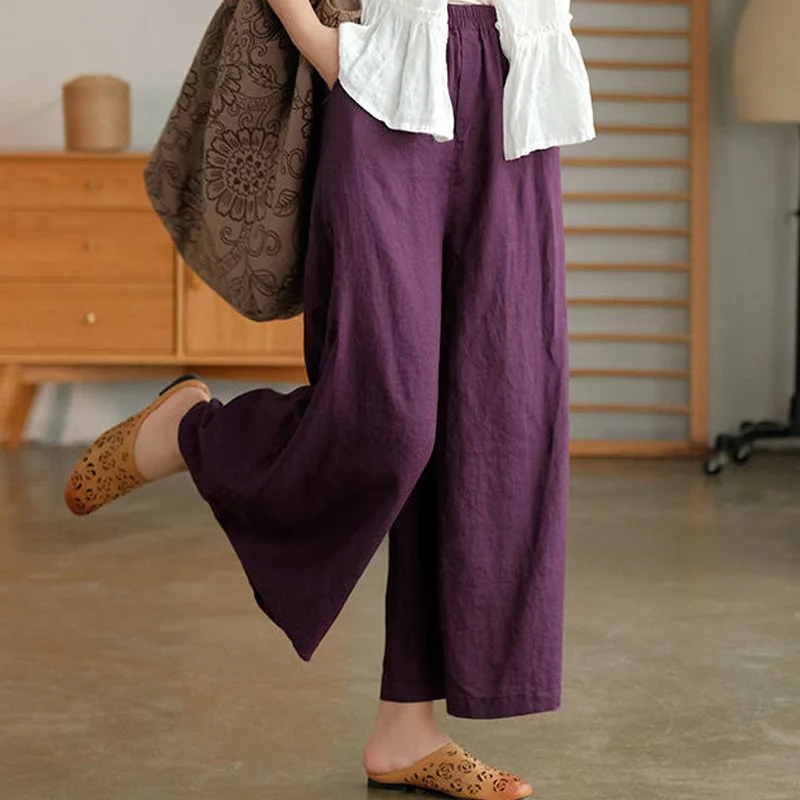 Loose Solid Color Flax Cotton Straight Ladies Vintage Elastic Waist Wide Leg Pants Summer Simplicity Comfortable Women Clothing