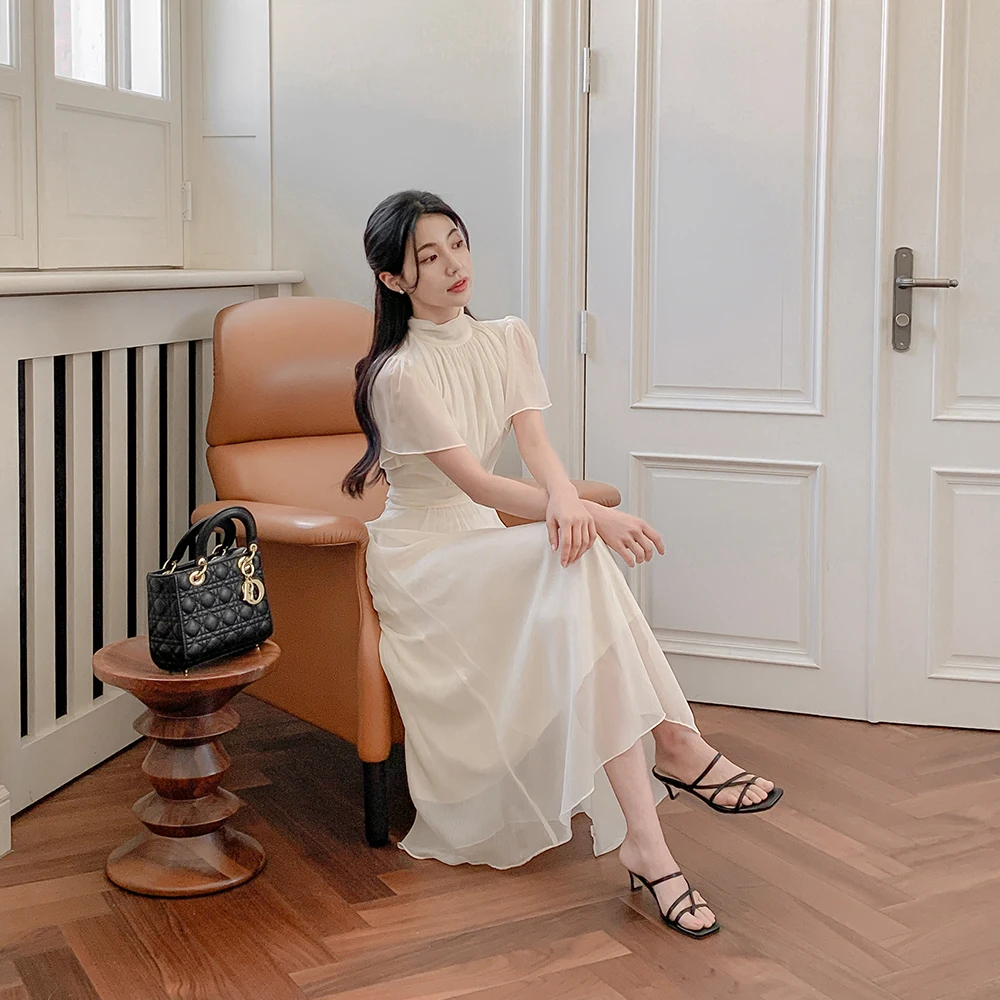 Elegant Solid Midi Dresses for Women Ruffles Half-high Collar A-line Office Lady Casual Korean Fashion Autumn Vestidos Mujer New