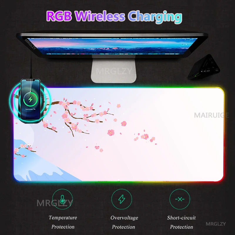 

RGB Wireless Charging LED Sakura Large Typec Charger Mat MousePad Desk Mats Chinese Style Flowers Gaming Accessories Mouse Pad