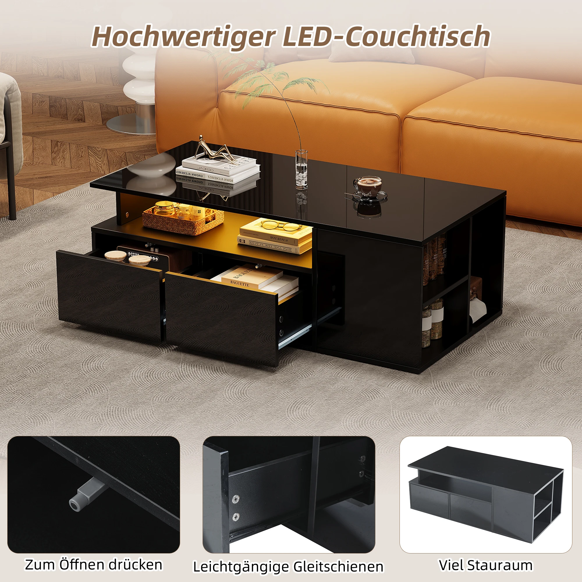 KOMHTOM Teetisch mit LED - Couchtisch mit 2 Schubladen, Kaffeetisch mit 60kg Tragfähigkeit und viel Stauraum – Detail 9