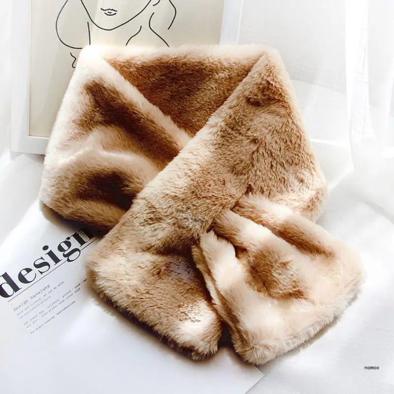 Womens Winter Faux Fur Scarf for Cross Band Ties Furry Cozy Warm Shawl Neckerchi