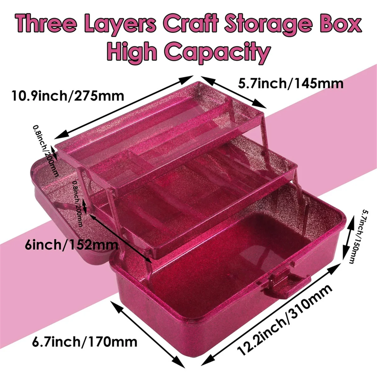 JHD Glitter Pink & Craft Tool Storage Box,3-Layer Stackable Carry Tackle Box Sewing Box Organizer for Art 6