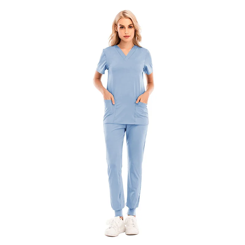 

New Women Nursing Uniform V-neck Short Sleeve Pocket Working Wear Solid Light Breathable Tops Pants Soft Workwear Suit 10 Colors