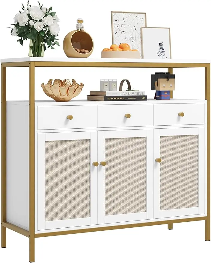

Kitchen Cabinet with Storage Rattan Doors and Drawers,Sideboard Storage Cabinet with Adjustable Shelf for Kitchen Bar,Entryway