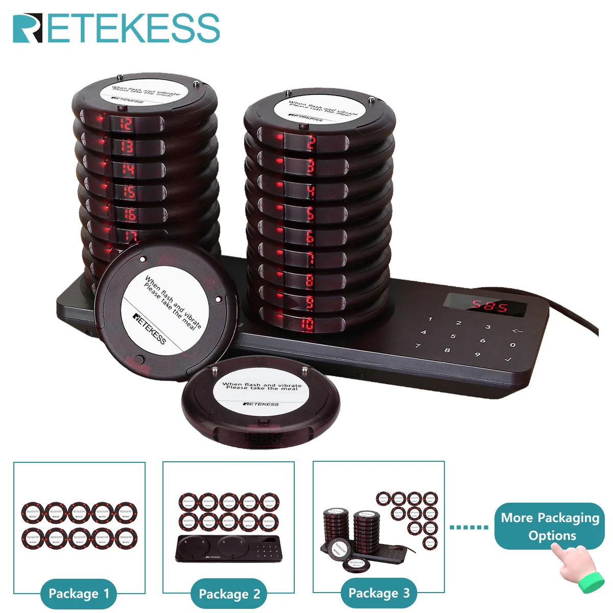 Retekess TD163 restaurant pager wireless calling system vibrator coaster buzzer beeper receivers for cafe bar food truck hotel