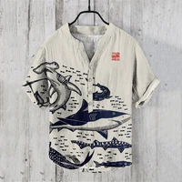 New Hawaiian shirt landscape series 3D digital printing bamboo linen youth men's short-sleeved shirt casual Chinese style V-neck 2