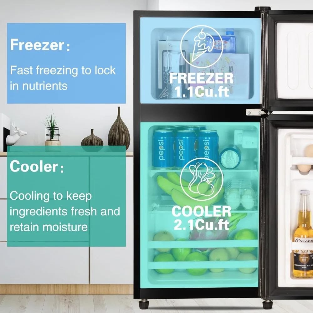 Compact Refrigerator 3.2 Cu Ft 2 Door Mini Fridge with Freezer for Apartment, Dorm, Office, Family, Basement, Garage-Black