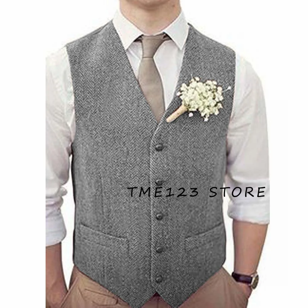 Men's Herringbone V-Neck Single Breasted Wedding Vest Formal Man Suit Jackets Male Vests Elegant Suits Waistcoat