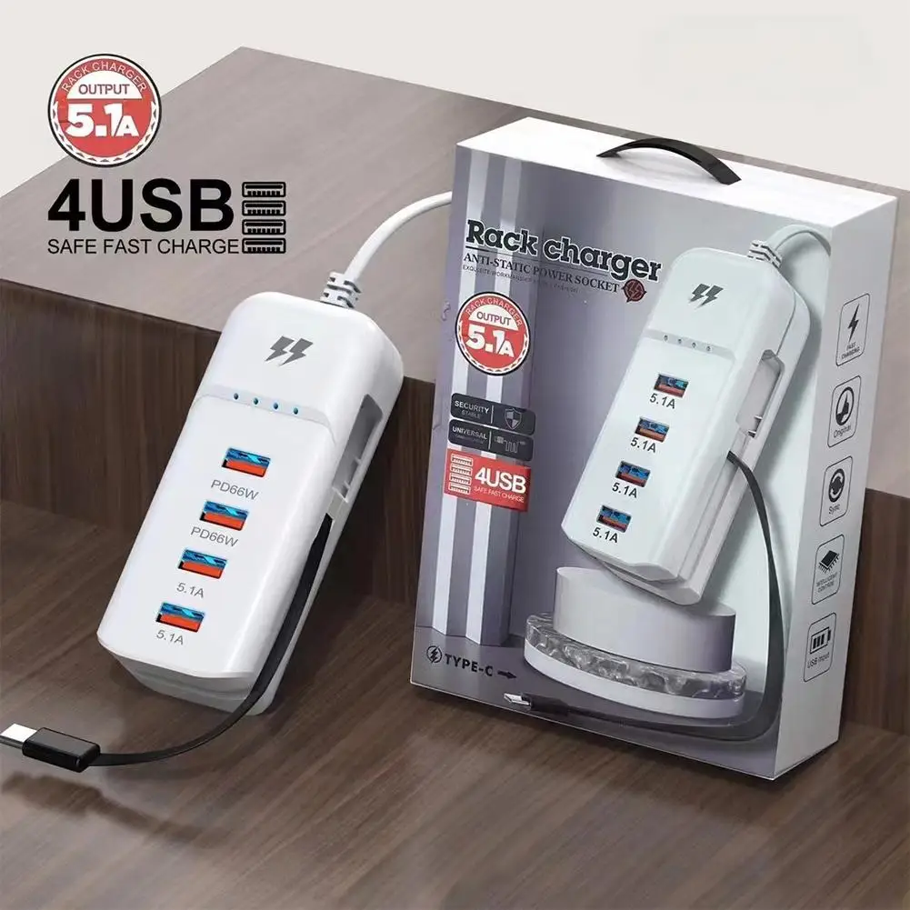 Muti 4 Ports USB Charger PD 66W Fast Charging For IPhone Mobile Phone Travel Power Socket Wall Adapter With Type C Cable