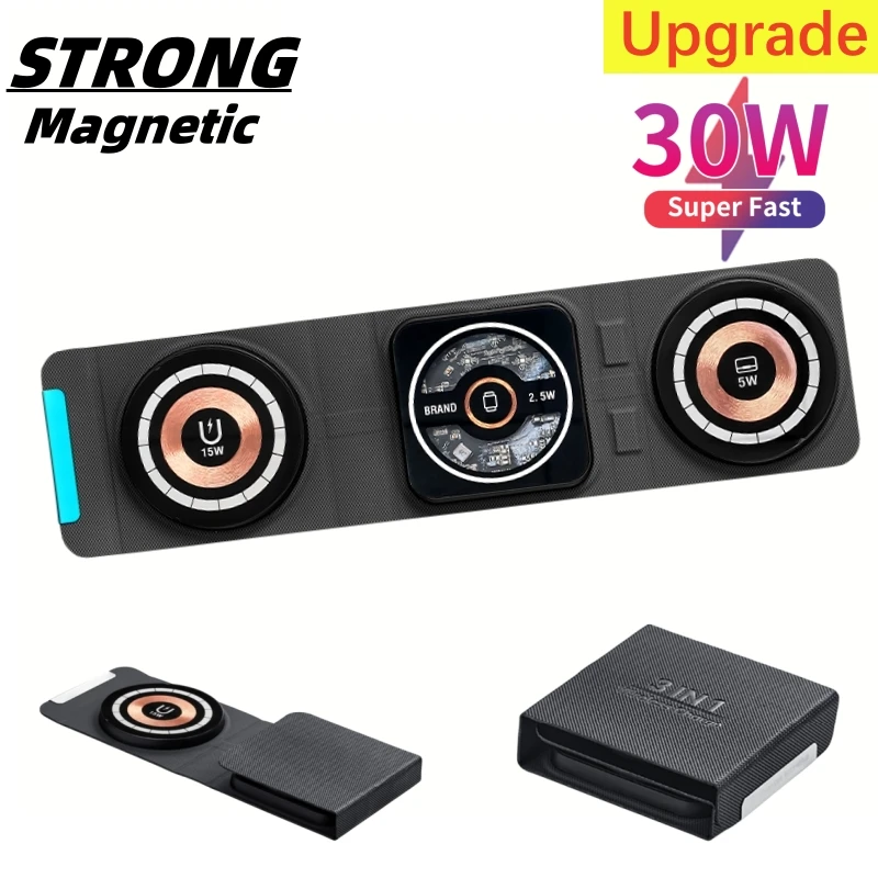 

30 Вт Складная Беспроводная зарядная подставка Magsafe для iPhone 14 13 12 Apple Watch AirPods 3 in1, магнитная док-станция для быстрой зарядки