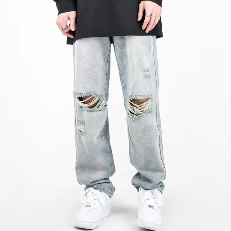 

Summer Mens Ripped Jeans Blue Loose Fit Hole Wide-leg Pants Casual Fashion Trousers Streetwear High Quality Denim Man Clothing