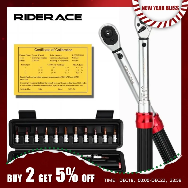 RIDERACE Bicycle Torque Wrench Set 15Pcs 1/4" 224Nm Dual Direction Bike Allen Key Tool Socket