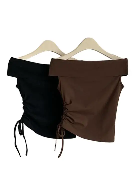 

Summer Knitted Cotton Hotsweet New Sexy Slash Neck Crop Tops Left pleated Comfortable Trendy Solid High Street Shirts Blouses