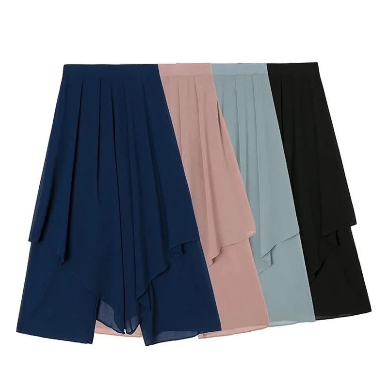 Women Casual Solid Elastic High Waist Pleated Pants 2024 Fashion Asymmetrical Chiffon Wide Leg Pant Summer Loose Skirt Trousers