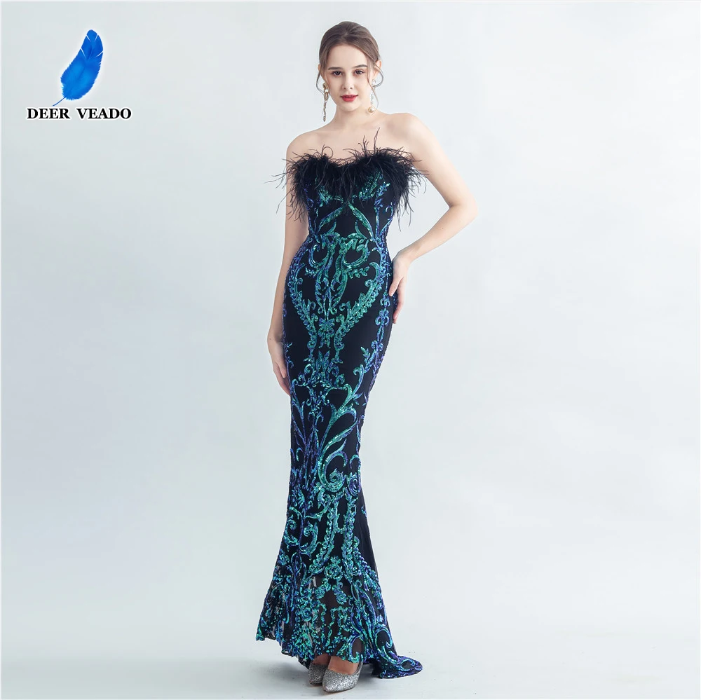 

DEERVEADO Elegant Mermaid Sweetheart Evening Dresses Long Women's Little Train Formal Party Maxi Dress with Feathers