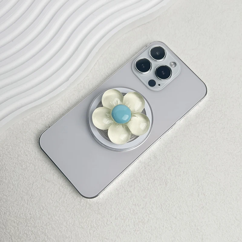 Magnetischer, niedlicher, einziehbarer Blumengriff für Magsafe IPhone, transparenter, bonbonfarbener Blumen-Telefonhalter aus Kunstharz, faltbarer Ständer – Detail 5