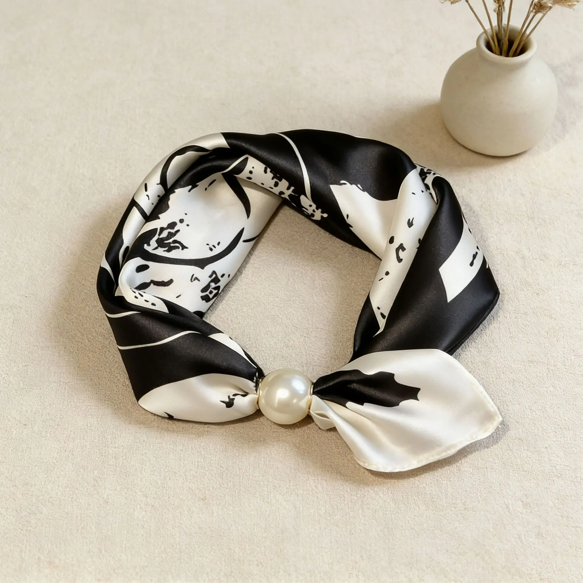 Spring Summer Thin Pearl Silk Scarves Magnetic Buckle Lazy Scarf Women Girls Sweet Elegant Pendant Collarbone Chain Neck Scarf