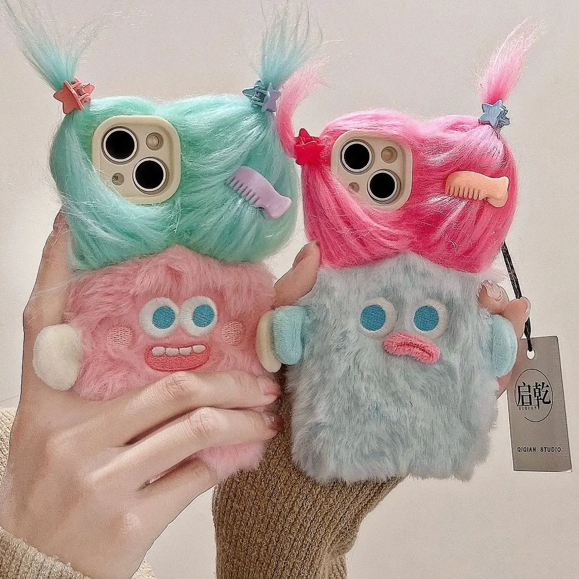 Adorable Cartoon Plush Shock-Proof Phone Case with DIY Clamp