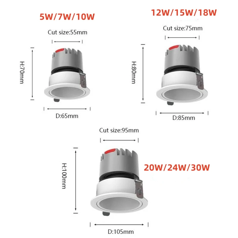 Round Recessed Anti-glare LED COB Spotlight CRI92 24&deg; 5W/7W/10W/12W/15W/18W Dimmable LED Downlight Ceiling Spot Indoor Lighting LED Downlight Recessed Ceiling Spotlight