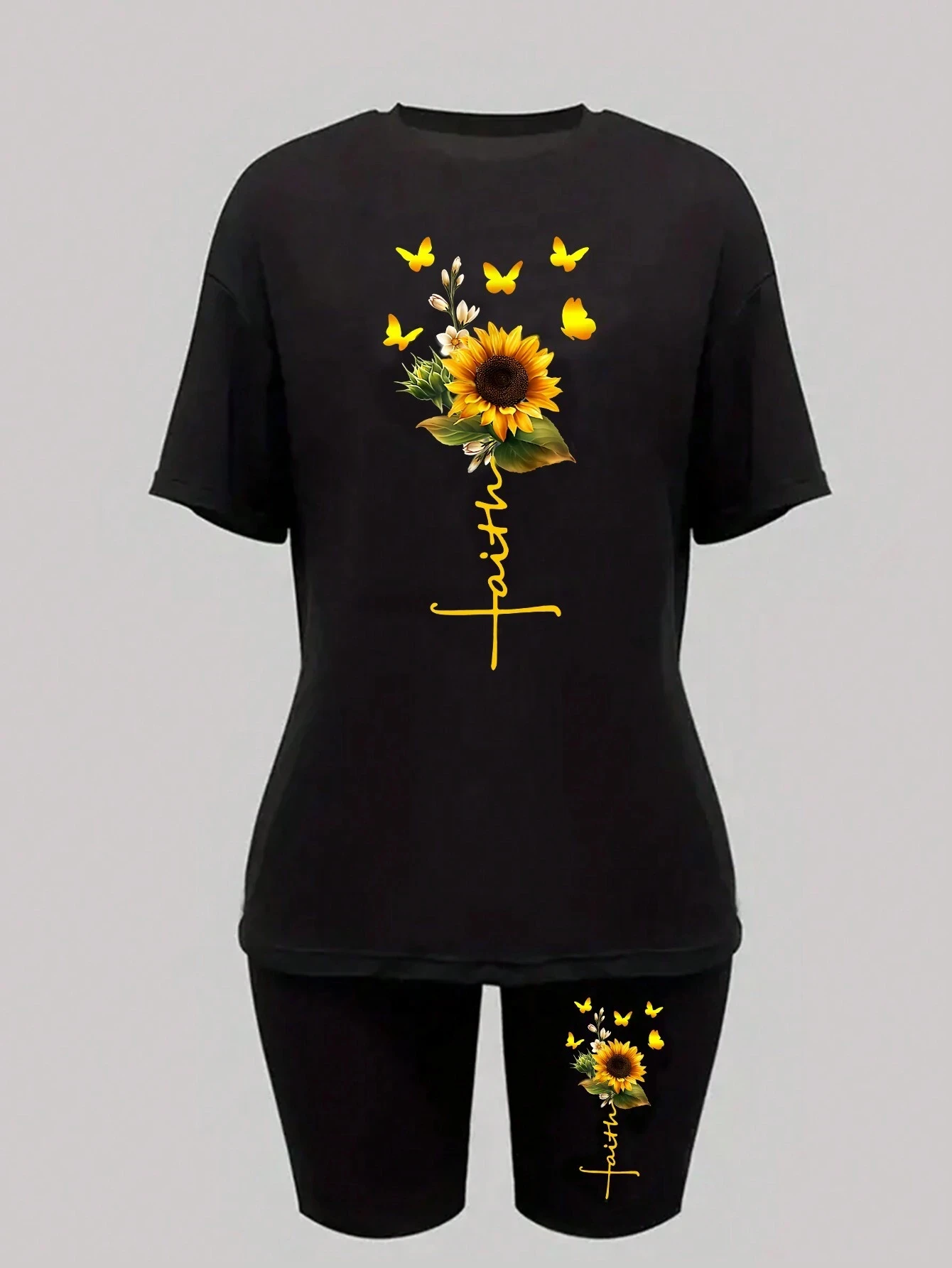 Sunflower Butterfly Print Women's Fashion Two-Piece Short Set