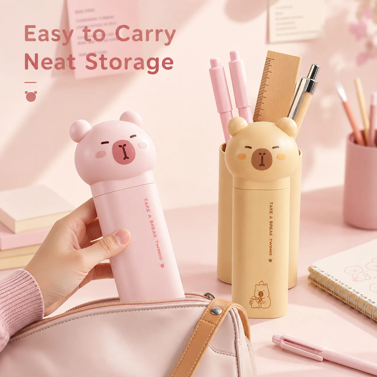 Charming Bear Pencil Case - Portable Standing Pen Holder & Spacious Stationery Organizer