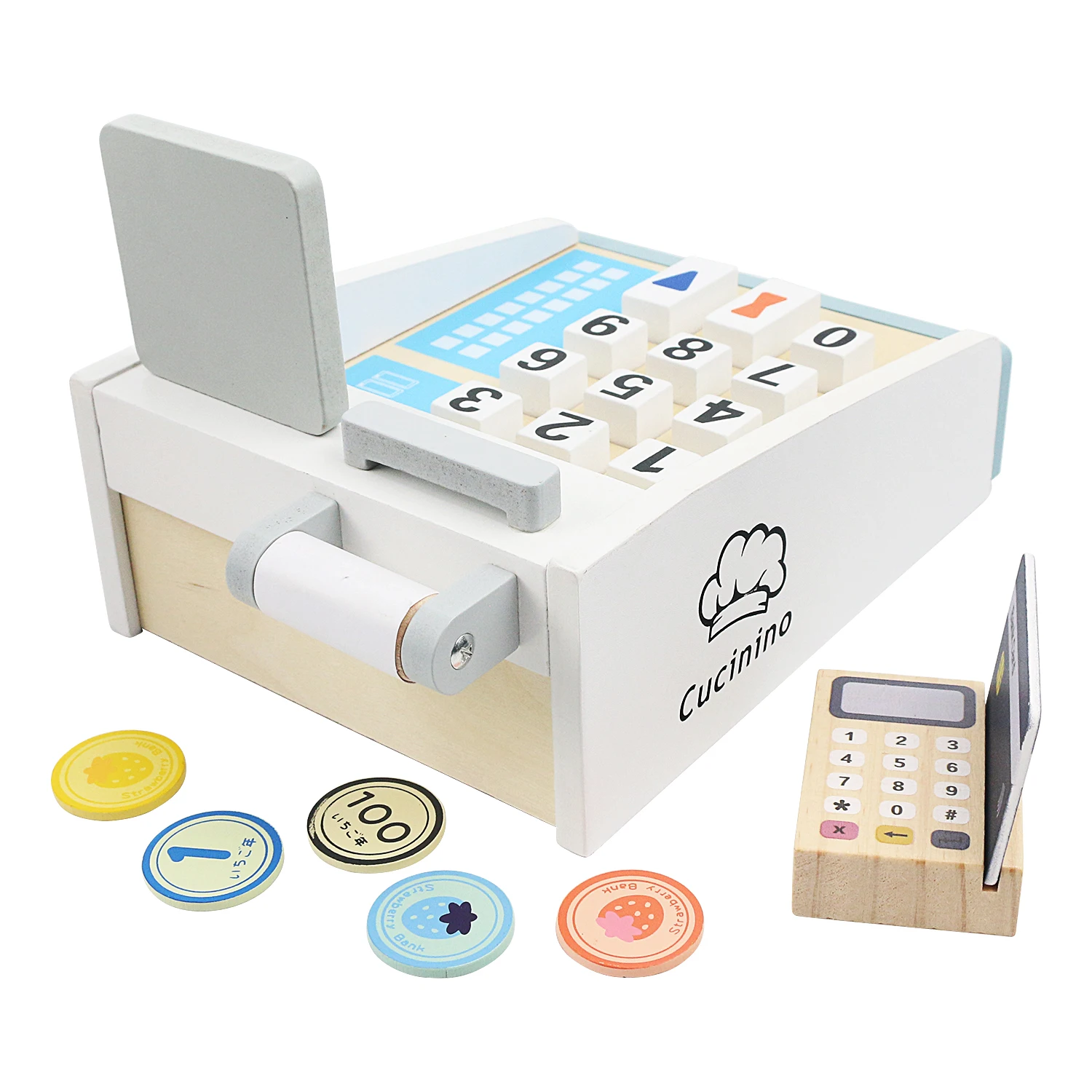 Children's wooden simulation home toys, wooden simulation cash registers, POS machines, bank cards, and parent-child interaction