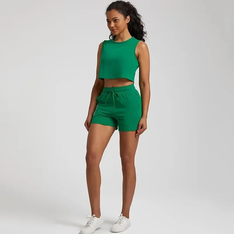 Lemon Women Soft Gym Fitness Yoga Set Drawstring Pocket Short Leg Short Sleeve T-Shirt Top Suit Comprehensive Training Jog Women