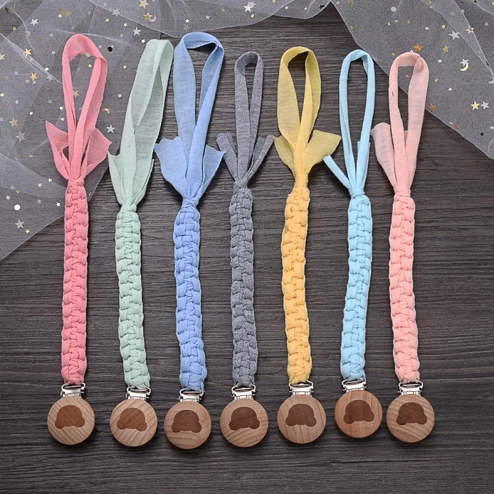 Wooden Round Baby Nipple Clip Handmade Weave Cotton Anti-Drop Baby Pacifier Chain For Nursing Chewing Toys Boy Girl Shower Gifts 5