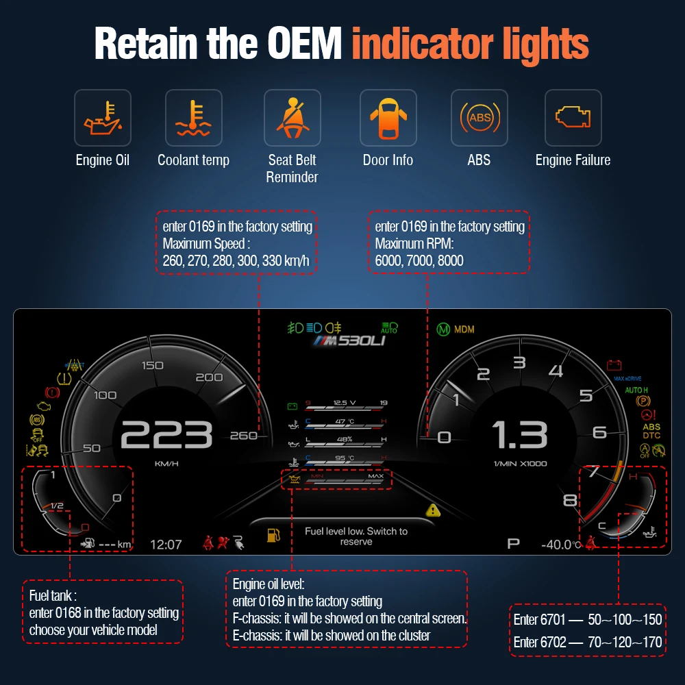 AUTOTOP Panel de Instrumentos Digital Virtual de 12.3" 6WB para BMW Serie 5 y 6 E60 E61 E63 E64 2004-2010, Actualización del Velocímetro del Tablero, CarPlay Inalámbrico, Android Auto, AirPlay, Navegación GPS, Bluetooth, Mapas en Línea, Música, Llamadas, Retrofit 7