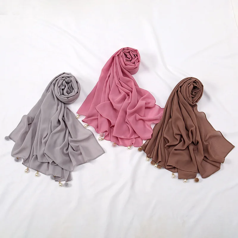 

2024 Women Solid Chiffon Hijab Scarf Wrap with Pearls Beads Pendant Islamic Shawls Headband Muslim Hijabs Wrap Headscarf Scarves