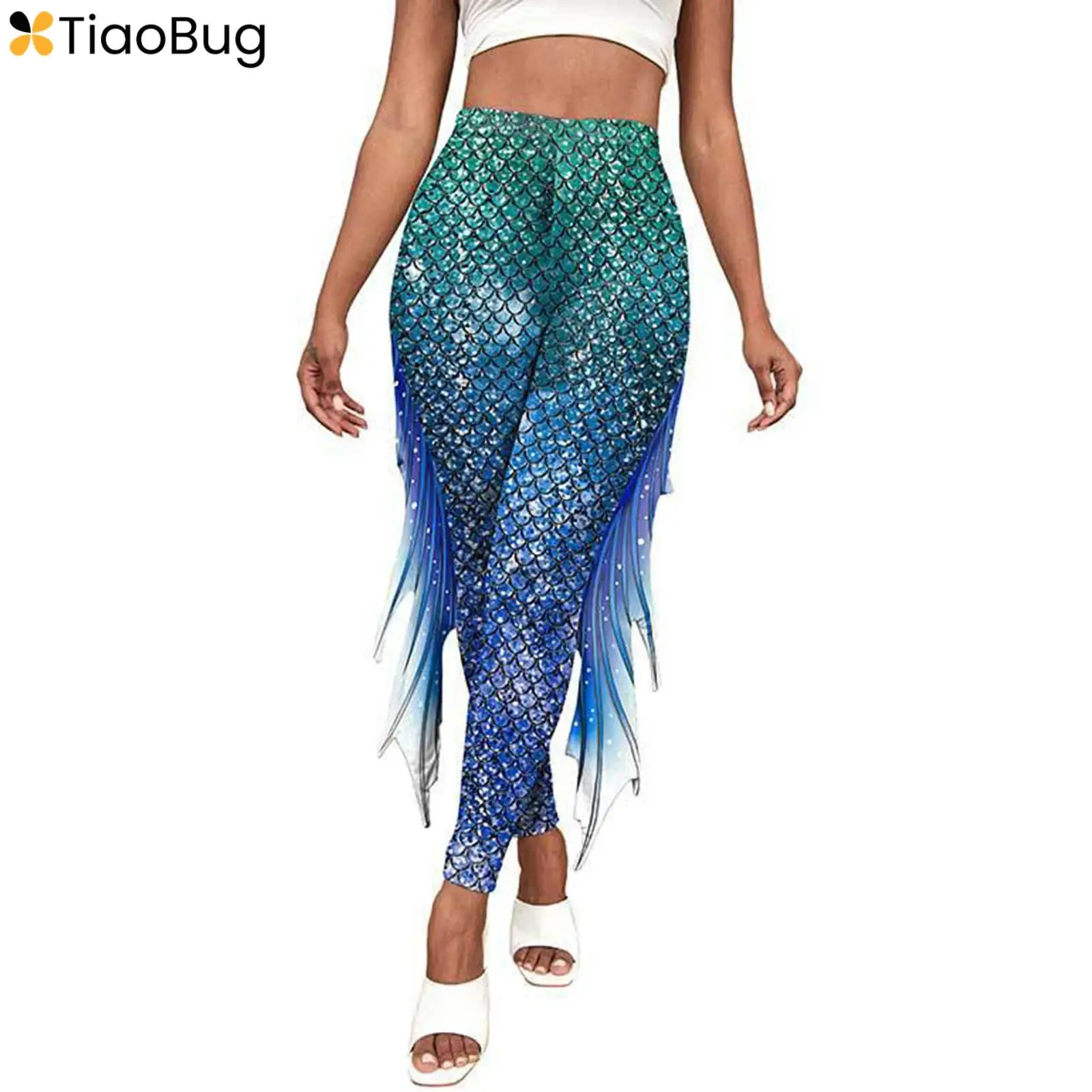 Womens Mermaid Printed Party Cosplay Pants Fashion Fish Scale 3D Printed Yoga Leggings Pants High Waist Pencil Pants Trousers