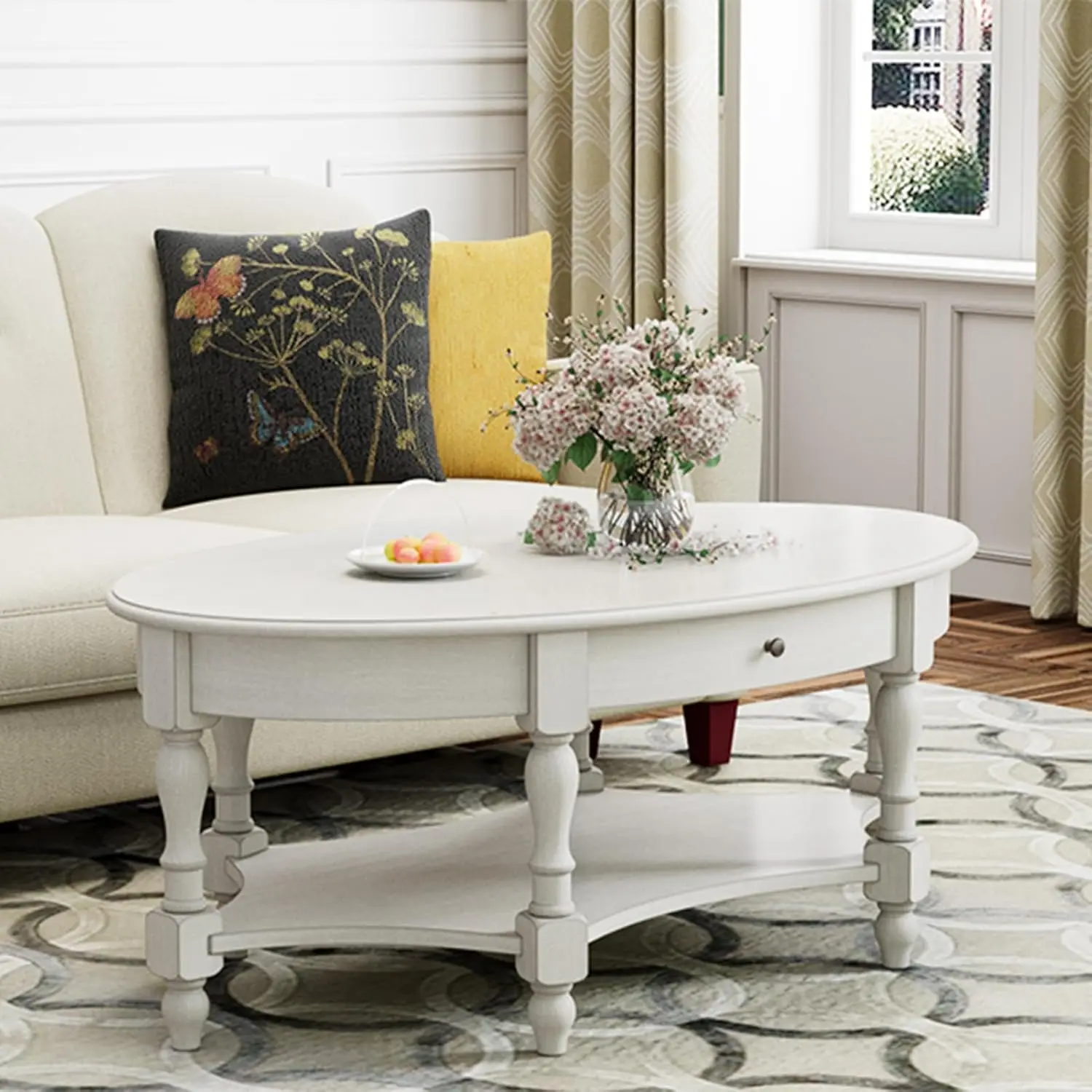 Solid Wood Oval Coffee Table 44.9" Antique White with Drawer Storage Shelf Traditional Retro Center Table Polished Edging