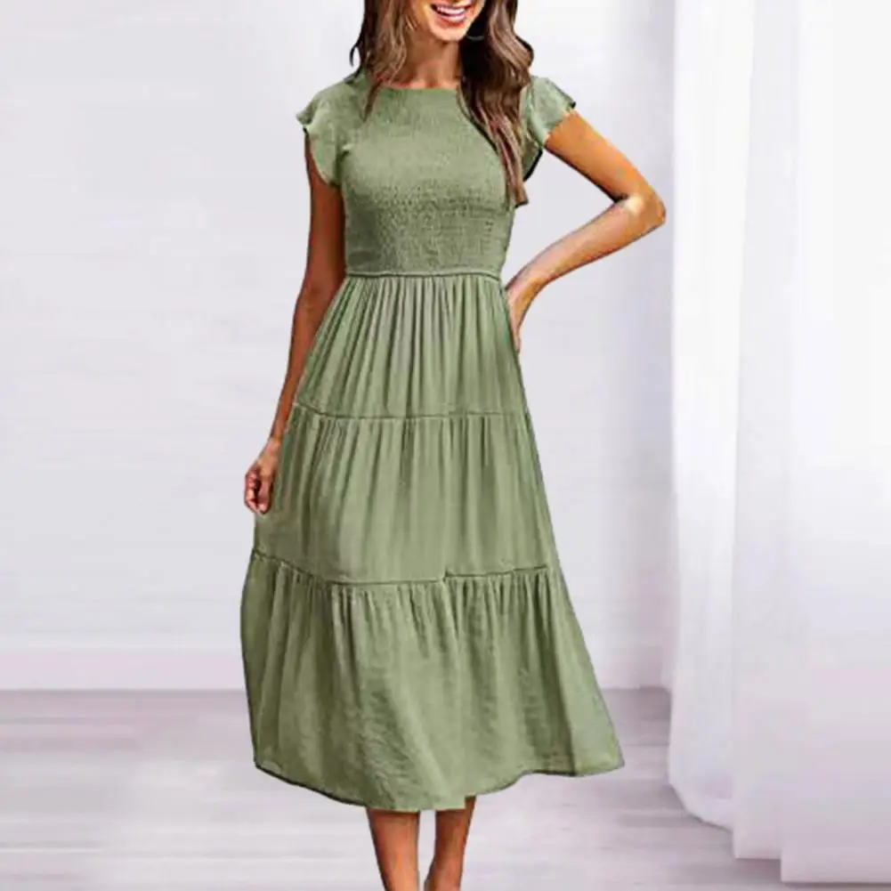 

Женское платье-трапеция средней длины, летнее однотонное пляжное платье с круглым вырезом и плиссированным подолом, с рукавами-фонариками