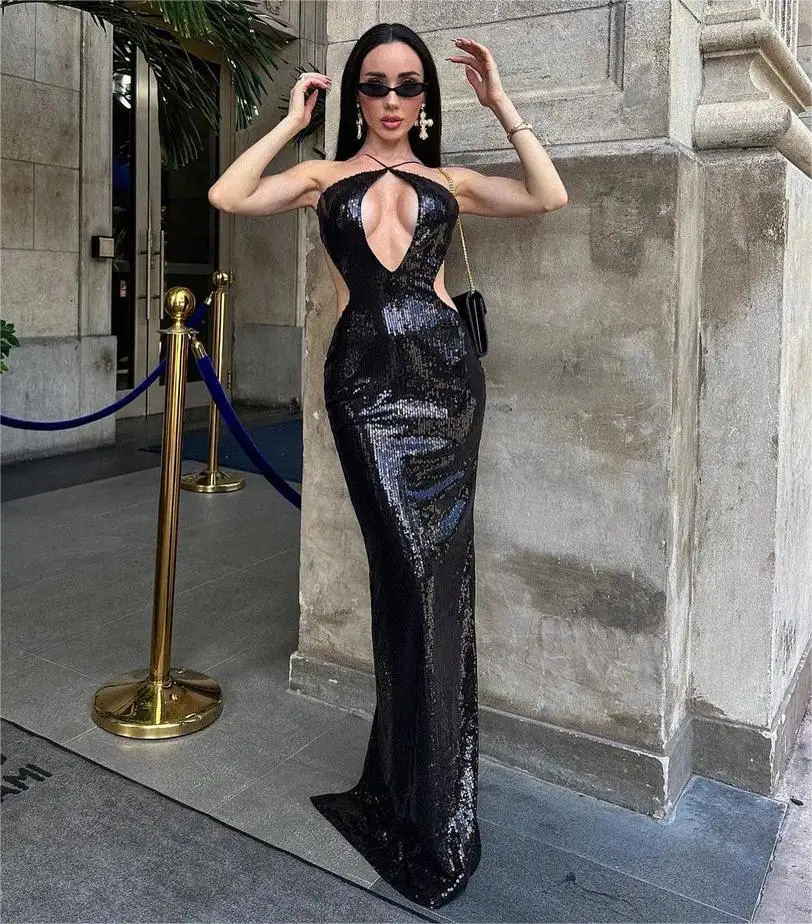 203 Luxury Designer Women Sexy Party Dress Black Backless Squises Key Hole Maxi Long Runway Fashion Celebrity Evening Prom Gowns