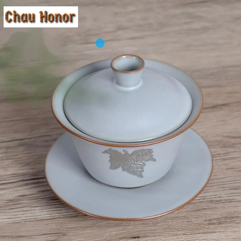 150ml Ru Kiln Tin Inlaid Maple Leaf Handmade Cover Bowl Cicada Wing Open Piece Moon White Tea Tureen Raise Tea Brewing Teaset