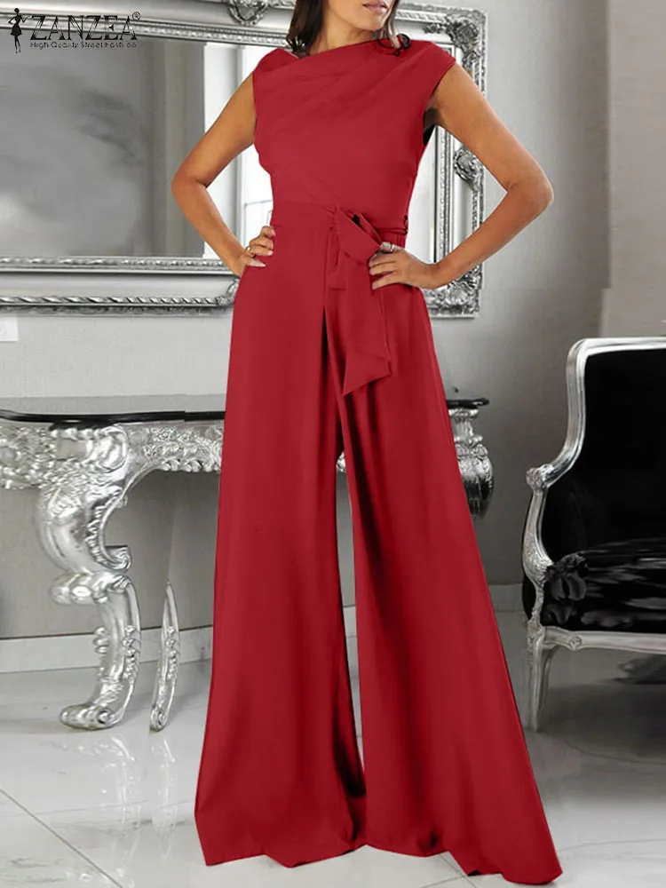 

ZANZEA Office Lady Waisted Belted Rompers Vintage Sleeveless Long Jumpsuit Women Solid O-neck Overalls Wide Leg Pants Playsuits