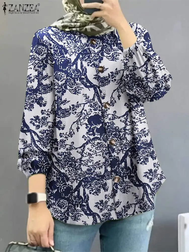

ZANZEA Fashion Floral Printed Muslim Blouse Woman Puff Sleeve O-Neck Tunic Tops Vintage Buttons Blusas Casual Abaya Chemise