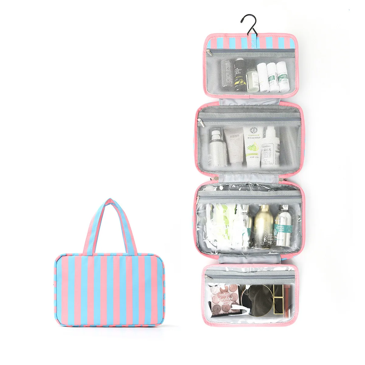 Foldable Striped Toiletry Bag with 4 Compartments and Hanging Hook
