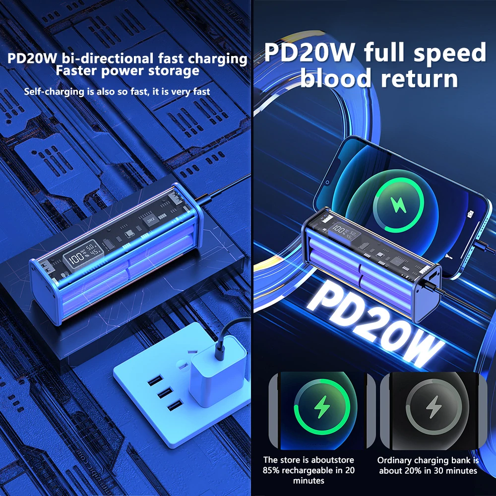 8-sección 18650 Caja Del Cargador de Batería PD22.5W Mecha Shell Transparente DIY Banco de la Energía Caja de Carga Rápida LED Banco de la Energía de la Pantalla