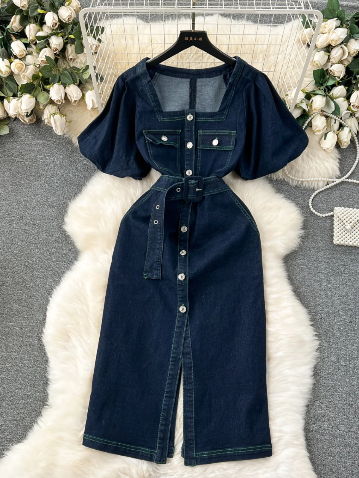 

Fashion Puff Sleeve Women Denim Dress 2024 Summer Chic Single Breasted Slim Waist Long Veatidos Lady Casual Jean Dresses