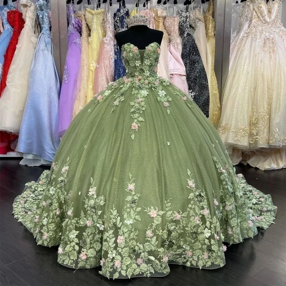 Green Sparkly Quinceanera Dresses Beautiful Appliques 3D Flower Princess Dress Charming Sweet 16 Year vestidos de anos