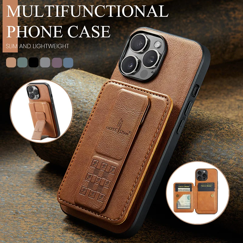 Leather Wallet Card Holder Case with Foldable Hand Band & Magnetic Ring Stand
