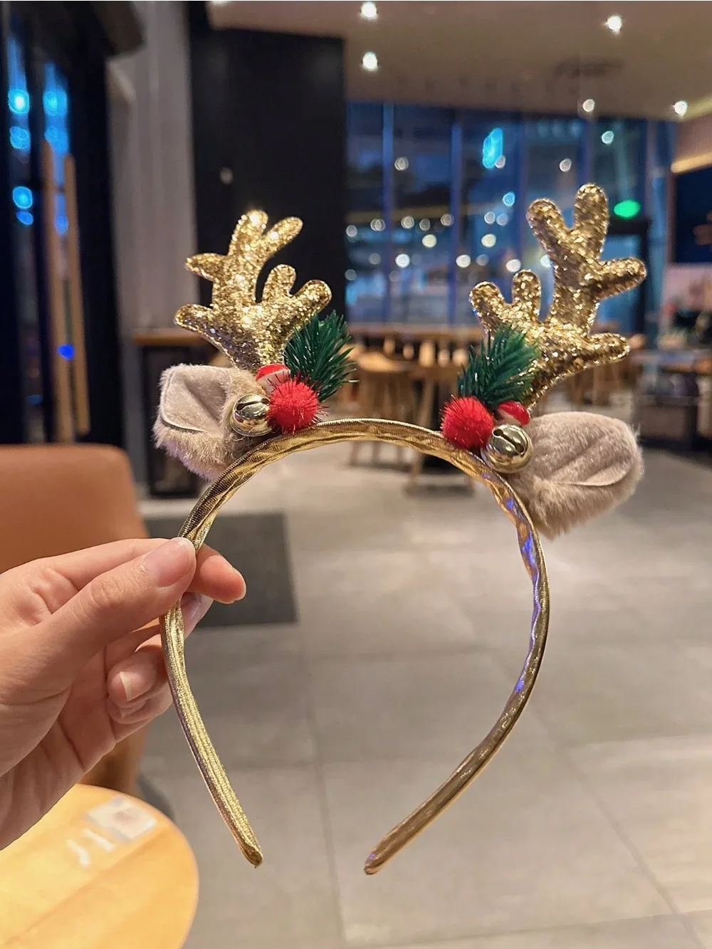 Gold Sequin Mushroom Christmas Headband Big Deer Horn Bell Sequin Festive Headwear 1pc for Women Forest Style Hair Accessories hair headband hair accessories