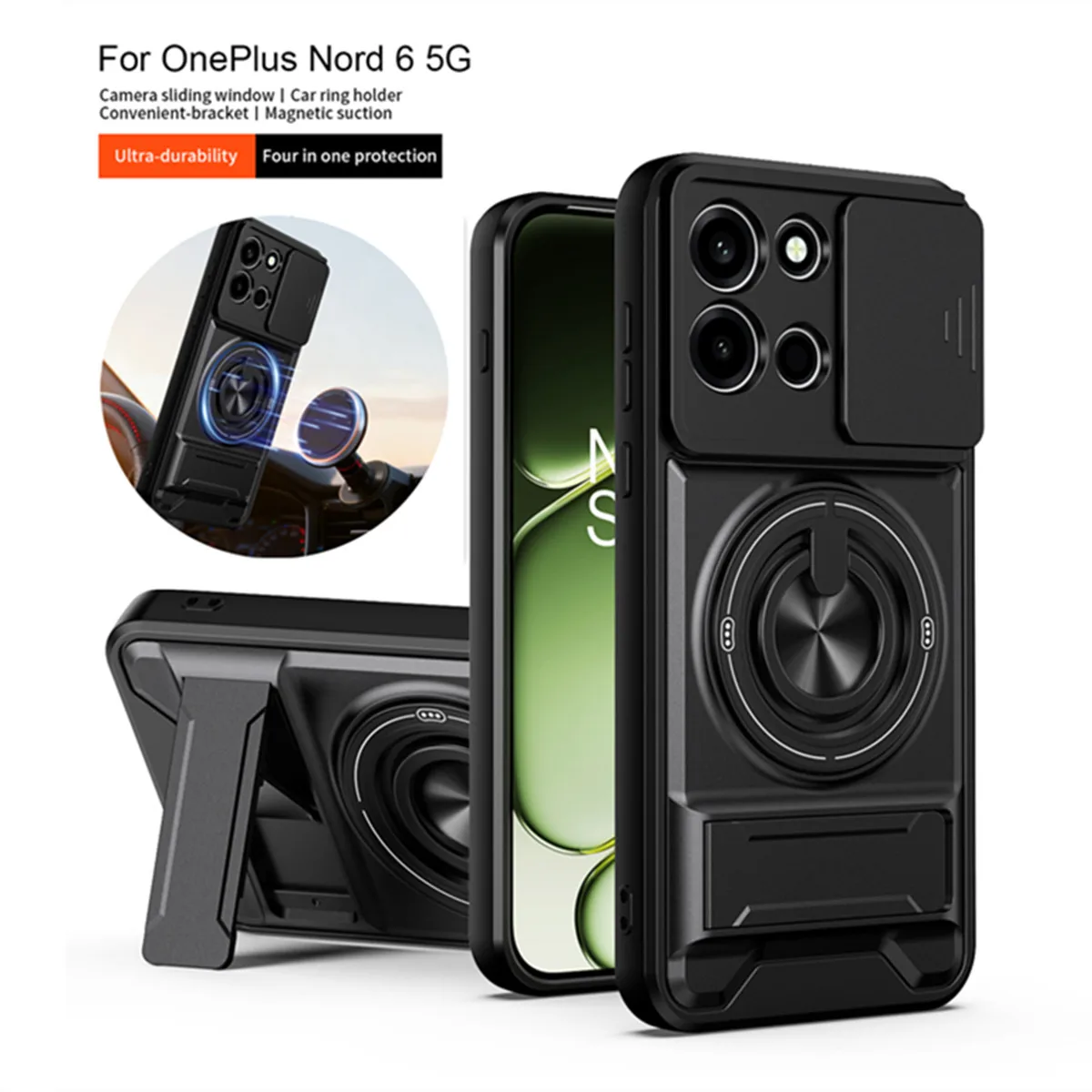OnePlus Nord 6 5G Protective Ring Stand Case with Magnetic Wireless Charging and Slide Lens Cover